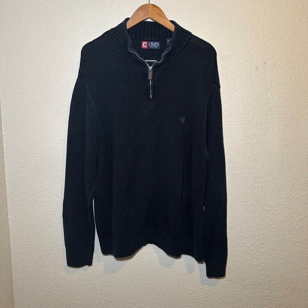 Chaps‎ Mens 2XL Quarter Zip Sweater Embroidered Logo Black 100% Cotton Preppy